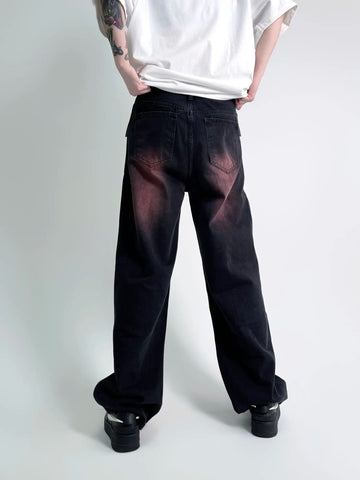 Aidase Black Washed Red Jeans Men's Loose Straight Trendy New Versatile Wide Leg Pants Streetwear Denim Men Skinny aidase-shop